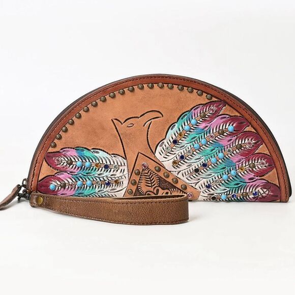 American Darling Tooled Leather Feather Headdress Wristlet Hand Painted Studded - Picture 1 of 6